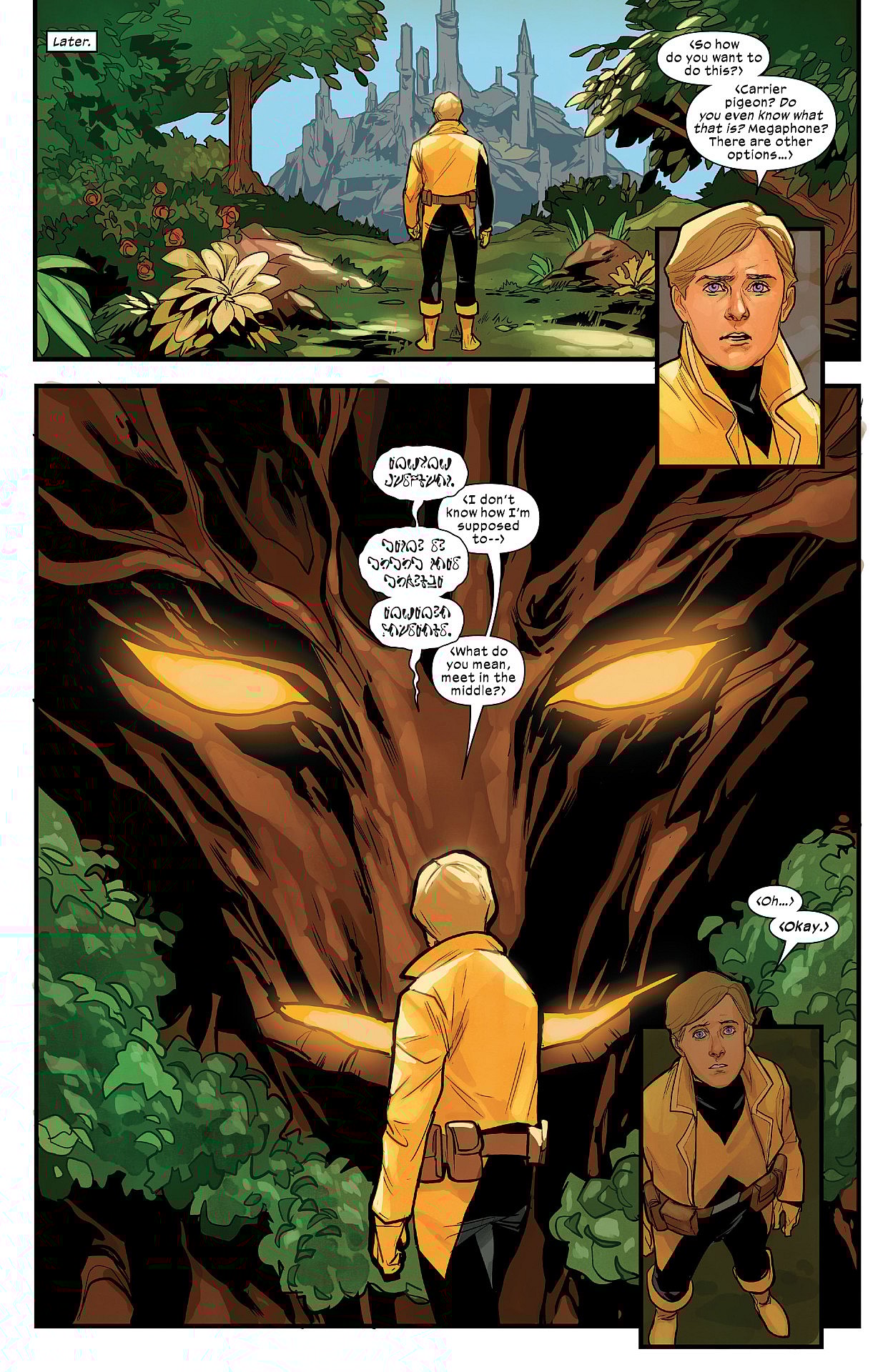 Cypher chats with Krakoa in X-Men Vol. 5 #16 "Sworded Out (2020), Marvel Comics. Words by Jonathan Hickman, art by Phil Noto and Clayton Cowles.