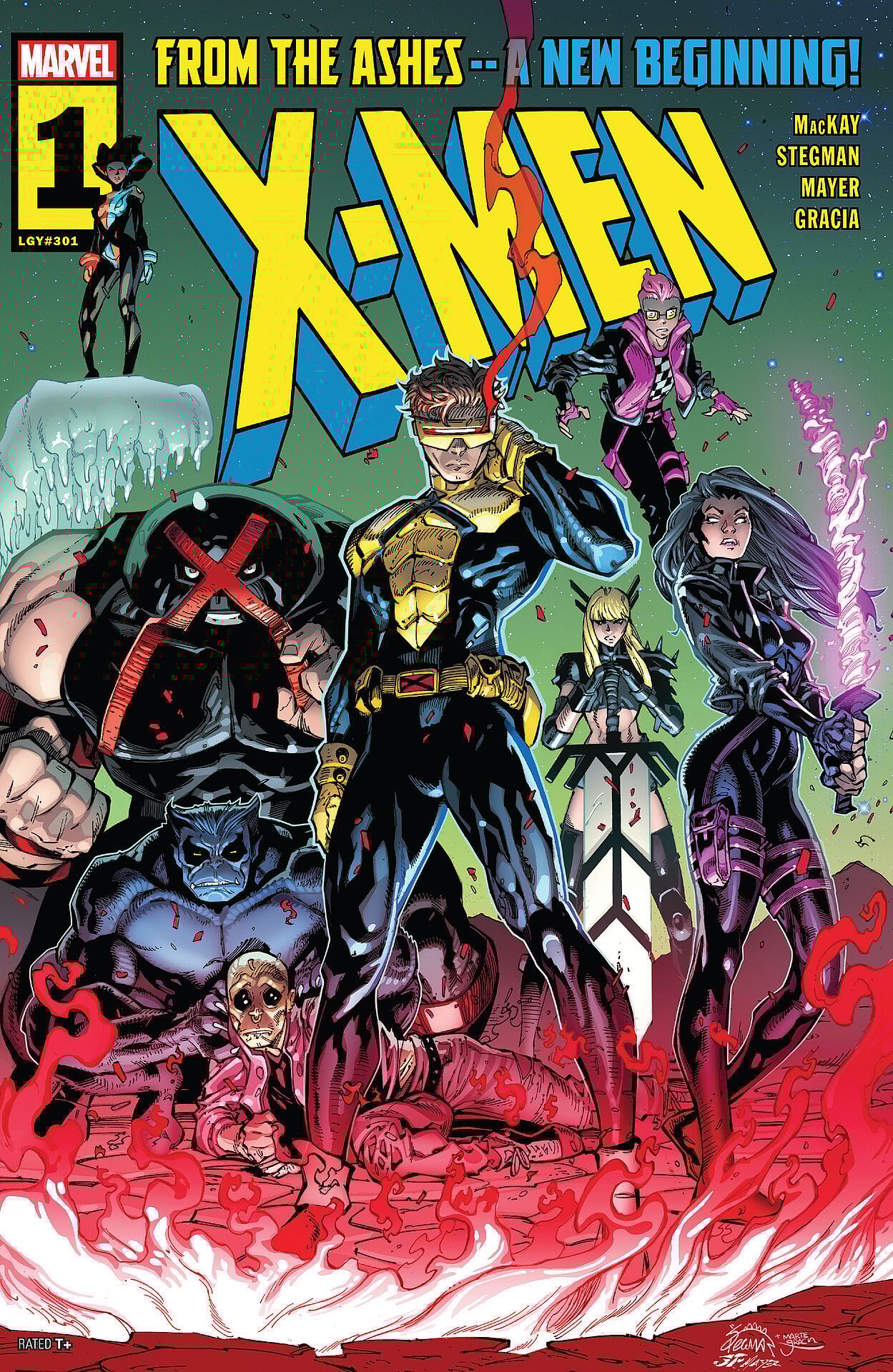 The X-Men rise from the ashes on Ryan Stegman's cover to X-Men Vol. 7 #1 "Fire-Baptized Species" (2024), Marvel Comics