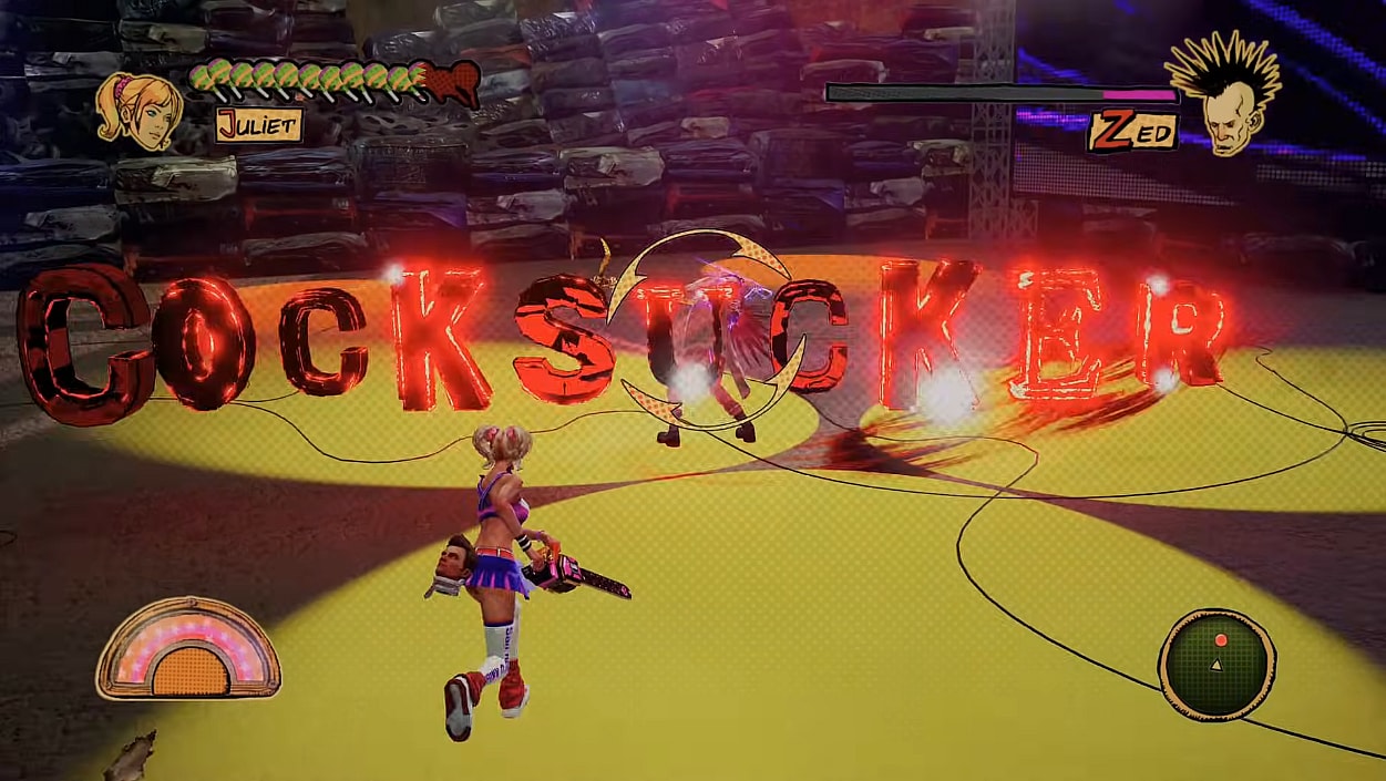 Zed (Jimmy Urine) uses his voice to assault Juliet (Tara Strong) in Lollipop Chainsaw RePop (2024), Dragami Games