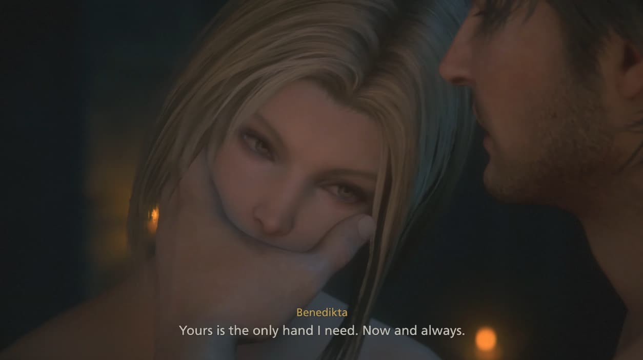 Benedikta Harman (Akari Higuchi) spends the night with Barnabas Tharmr (Gotaro Tsunashima) in Final Fantasy XVI (2023), Square Enix
