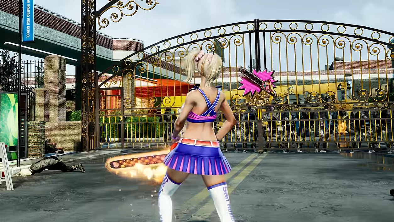 Juliet (Tara Strong) fires up her chainsaw at the school gates in Lollipop Chainsaw RePop (2024), Dragami Games