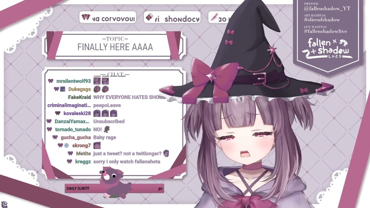 FallenShadow feigns being upset at her view metrics while in a witches hat on YouTube
