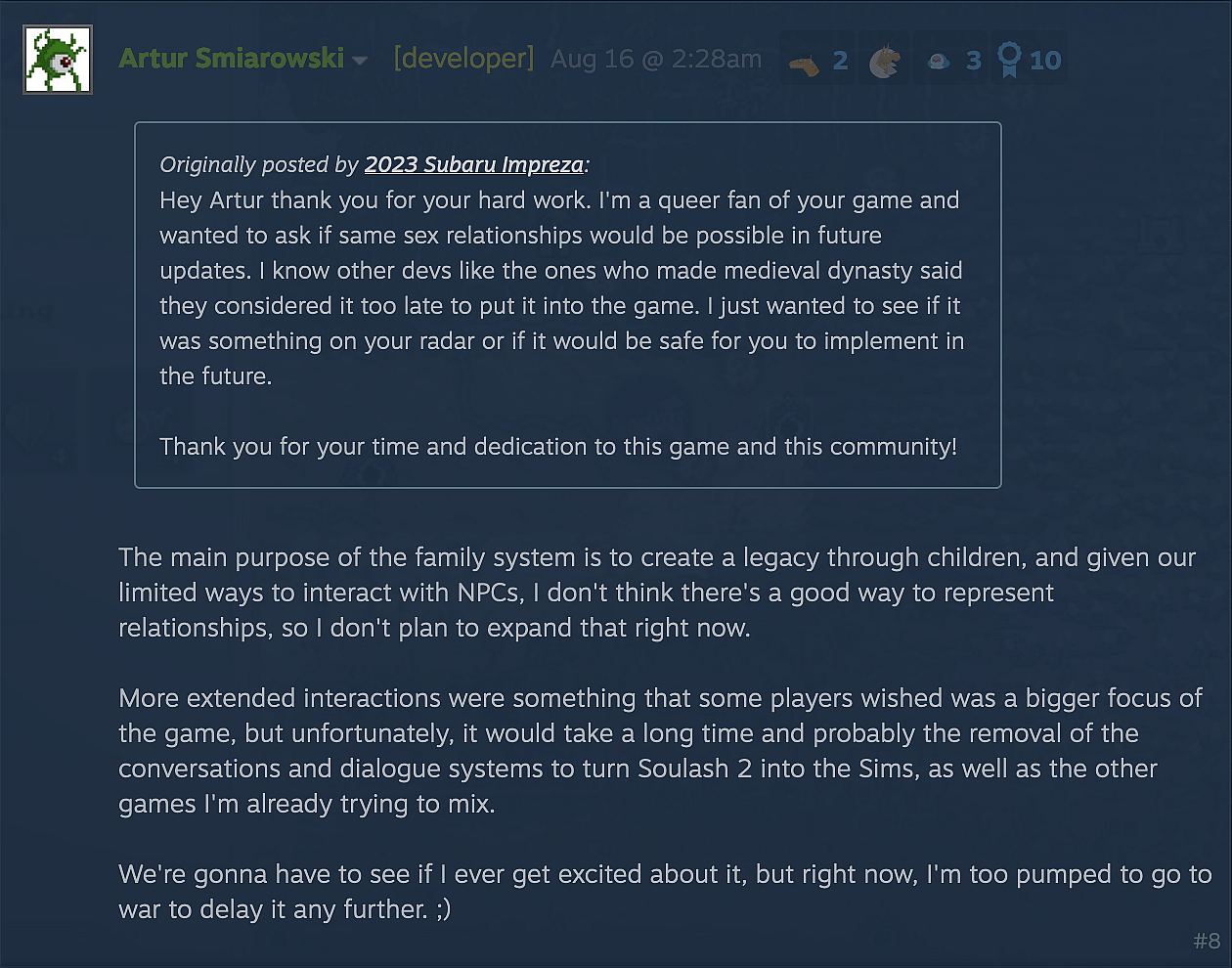 'Soulash II' dev Artur Smiraowski discusses his decision to not include same-sex marriages in the game.