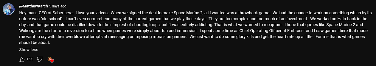 Saber Interactive CEO Matthew Karch appears to respond to Asmongold's video 'Space Marine 2 is a reminder of what we lost | Asmongold Reacts' (2024)