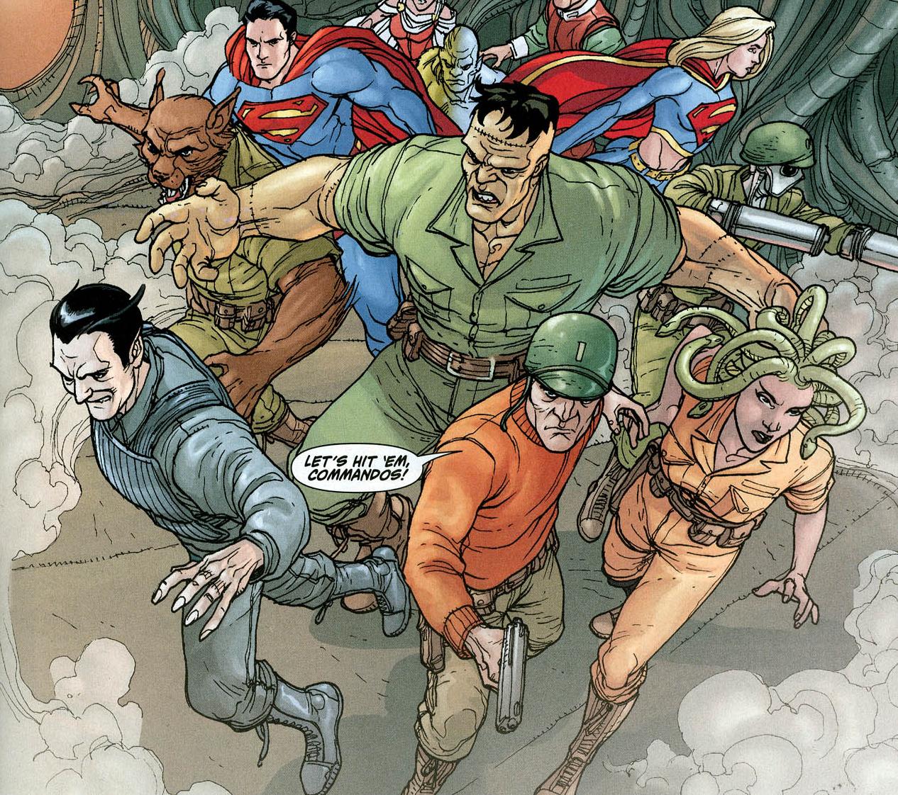 Superman and Supergirl team up with the Creature Commandos to fight Braniac's forces in Action Comics Vol. 1 #872 "New Krypton (Part VII of X) - Brainiac Lives" (2009), DC. Words by Geoff Johns, are by Pete Woods, Brad Anderson, and Steve Wands.