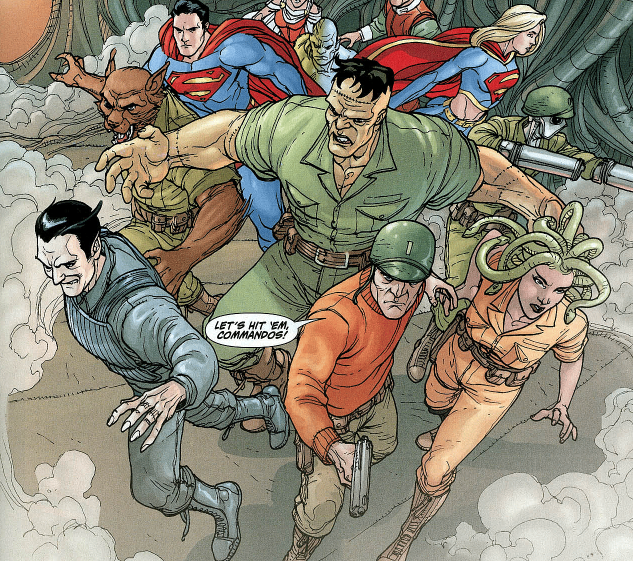 Superman and Supergirl team up with the Creature Commandos to fight Braniac's forces in Action Comics Vol. 1 #872 "New Krypton (Part VII of X) - Brainiac Lives" (2009), DC. Words by Geoff Johns, are by Pete Woods, Brad Anderson, and Steve Wands.