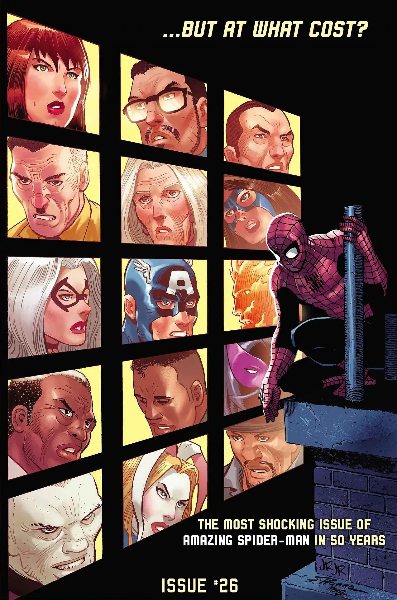 Spider-Man surrounded by friends on John Romita Jr.'s cover to Amazing Spider-Man Vol. 6 #26