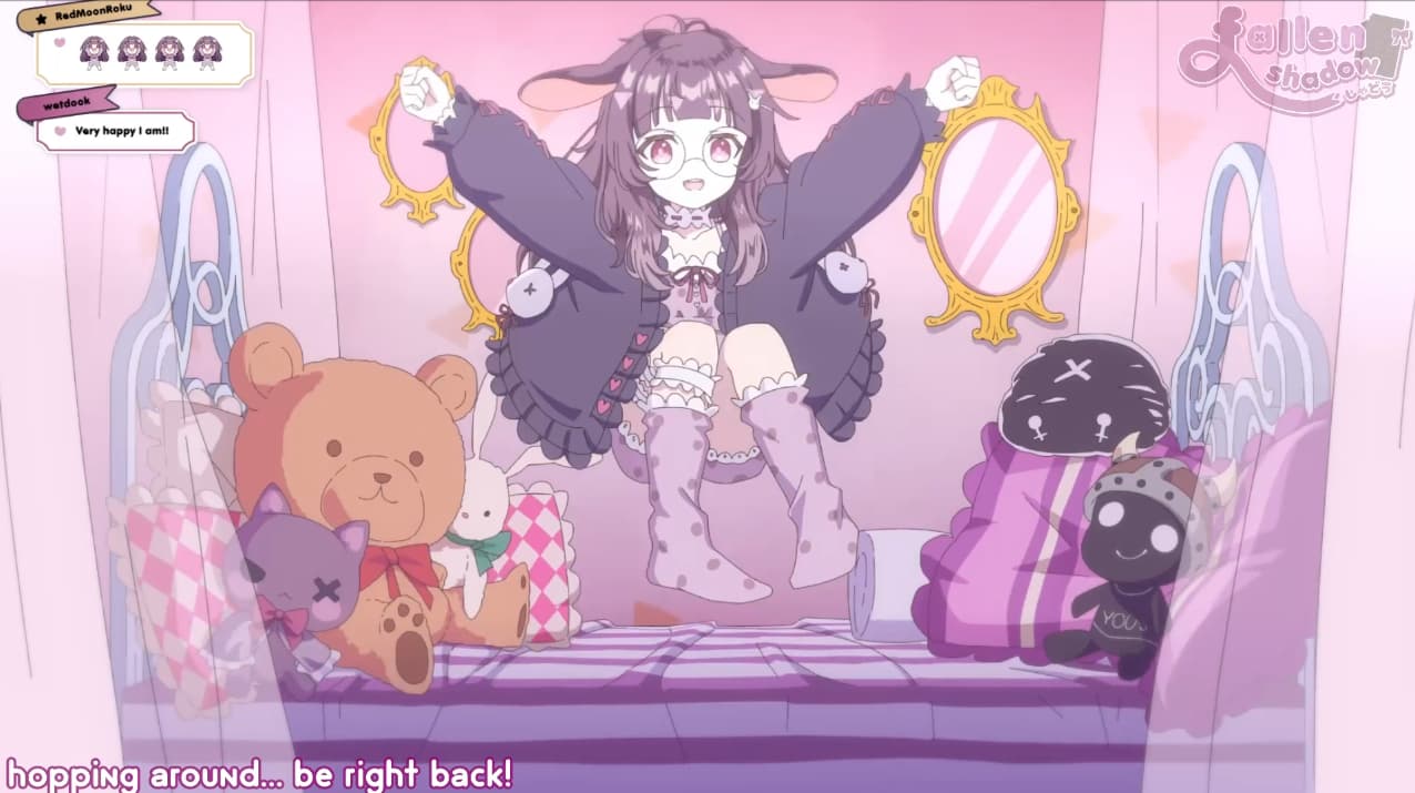 FallenShadow bounces on the bed in her Be Right Back animation on Twitch