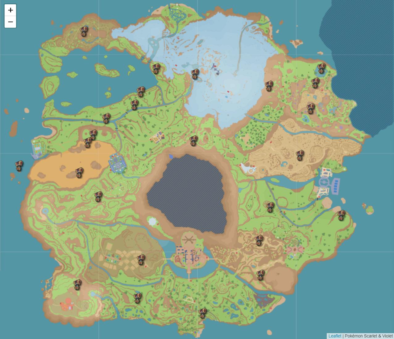 The locations of the Gimmighoul Chests in Pokémon Scarlet & Violet via Serebii
