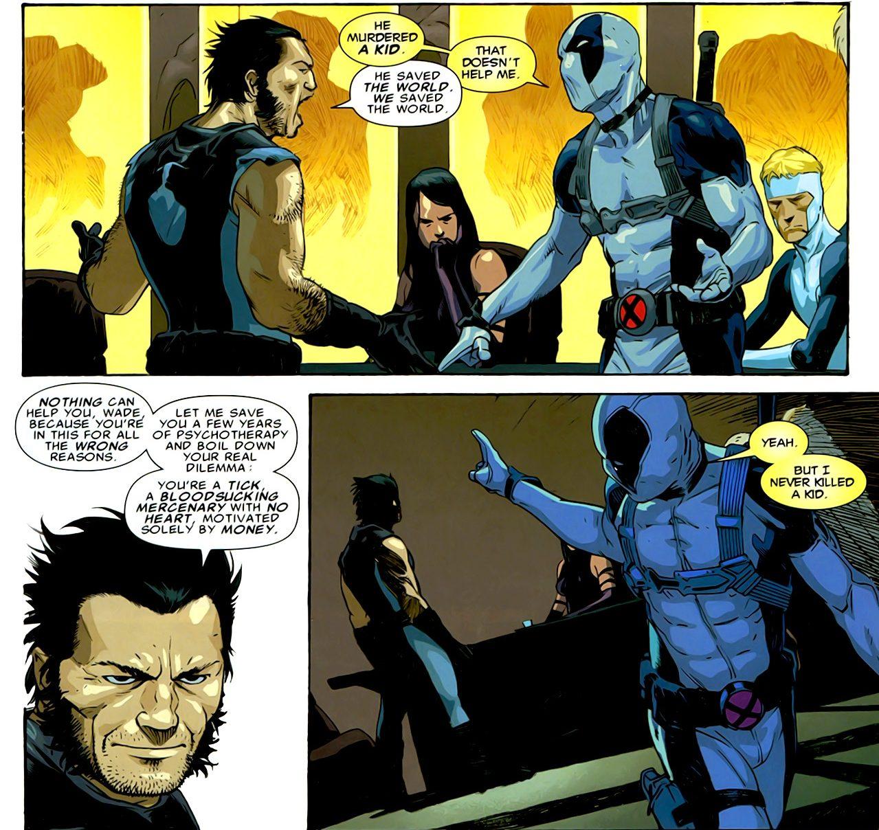 Wolverine and Deadpool disagree on the team's methods in Uncanny X-Force Vol. 1 #5 "The Apocalypse Solution (Chapter Five)" (2010), Marvel Comics. Words by Rick Remender, art by Jerome Opeña, Dean White, and Cory Petit.