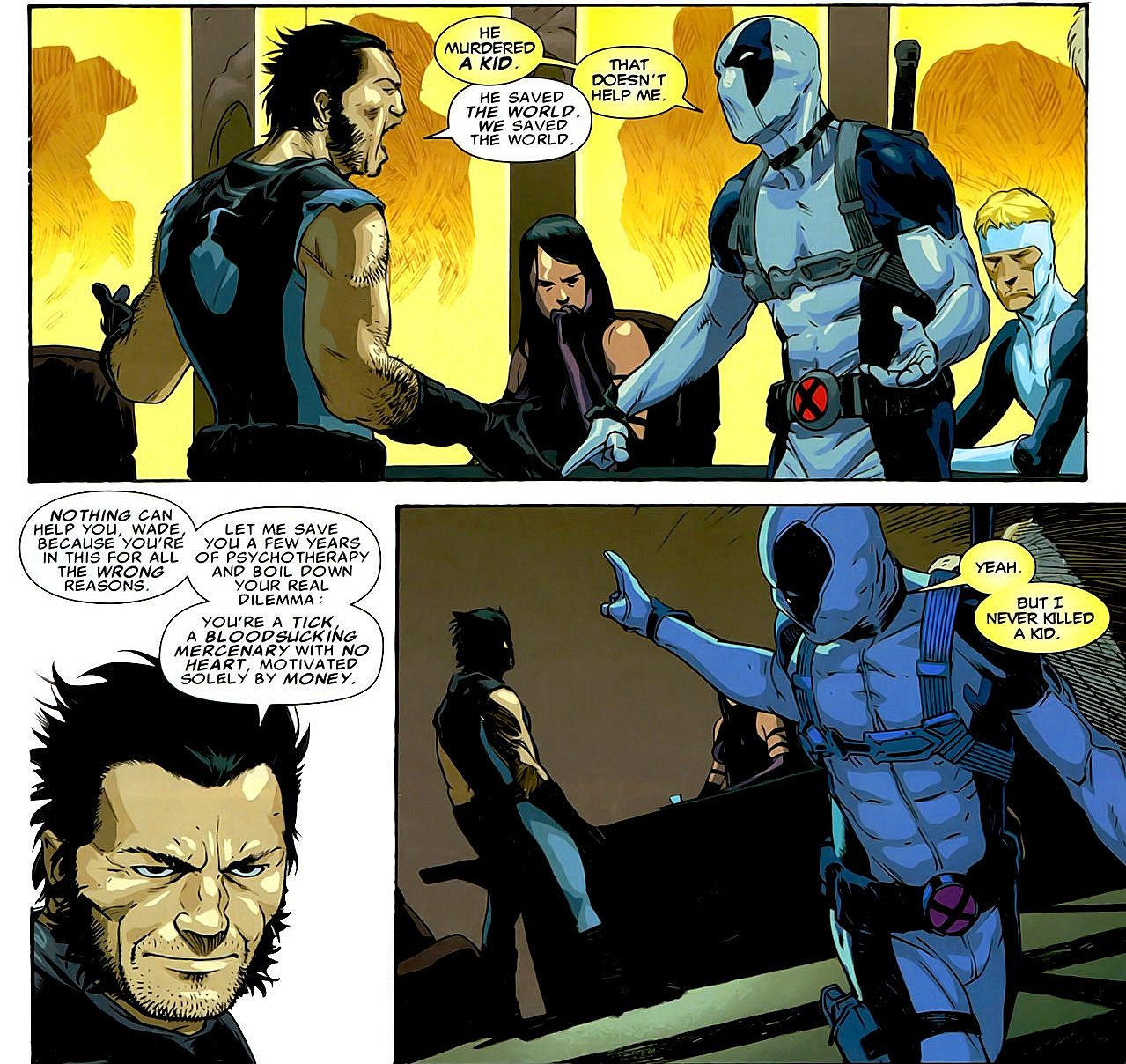 Wolverine and Deadpool disagree on the team's methods in Uncanny X-Force Vol. 1 #5 "The Apocalypse Solution (Chapter Five)" (2010), Marvel Comics. Words by Rick Remender, art by Jerome Opeña, Dean White, and Cory Petit.