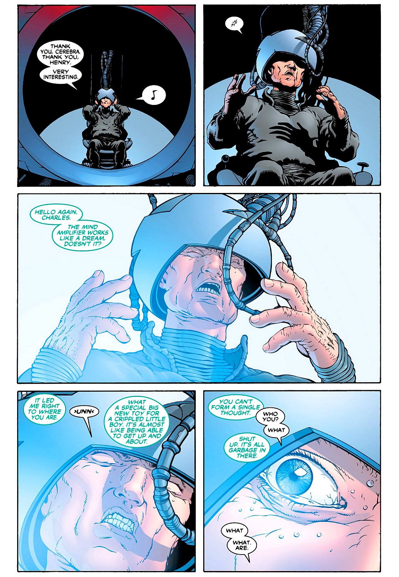 Cassandra Nova reveals herself to Charles Xavier in New X-Men Vol. 1 #126 "All Hell" (2002), Marvel Comics. Words by Grant Morrison, art by Frank Quitely, Tim Townsend, and Brian Haberlin.