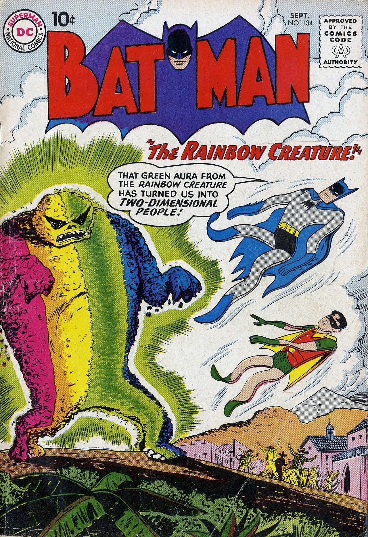 Batman and Robin fall flat on cover to Batman Vol. 1 #134 The Rainbow Creature (1960), DC Comics