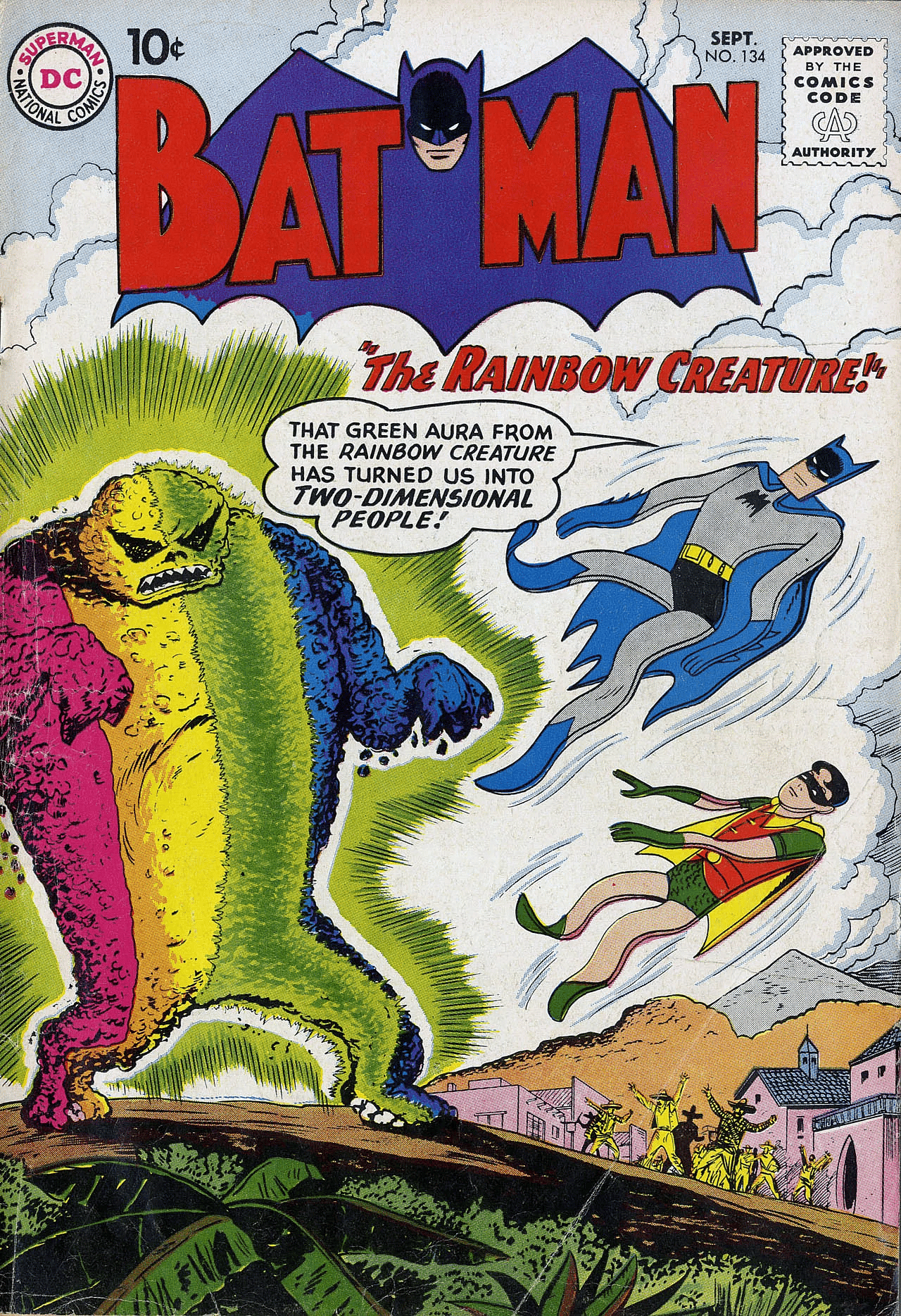 Batman and Robin find themselves falling flat on Sheldon Moldoff and Ira Schnapp's cover to Batman Vol. 1 #134 "The Rainbow Creature" (1960), DC Comics.