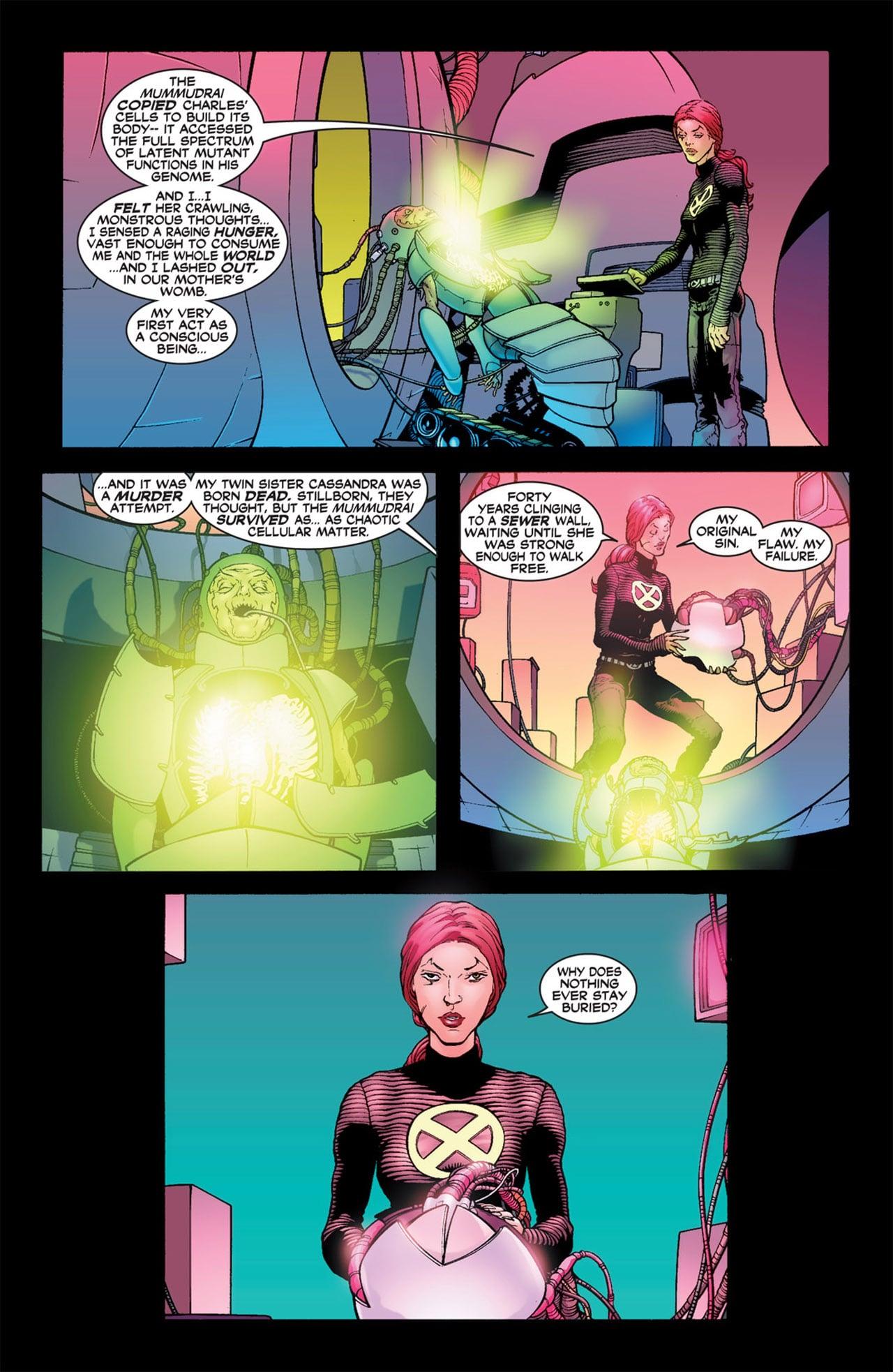 Jean Grey explains how Cassandra Nova managed to survive her pre-natal defeat in New X-Men Vol. 1 #126 "All Hell" (2002), Marvel Comics. Words by Grant Morrison, art by Frank Quitely, Tim Townsend, Brian Haberlin, Richard Starkings, and Saida Temofonte.