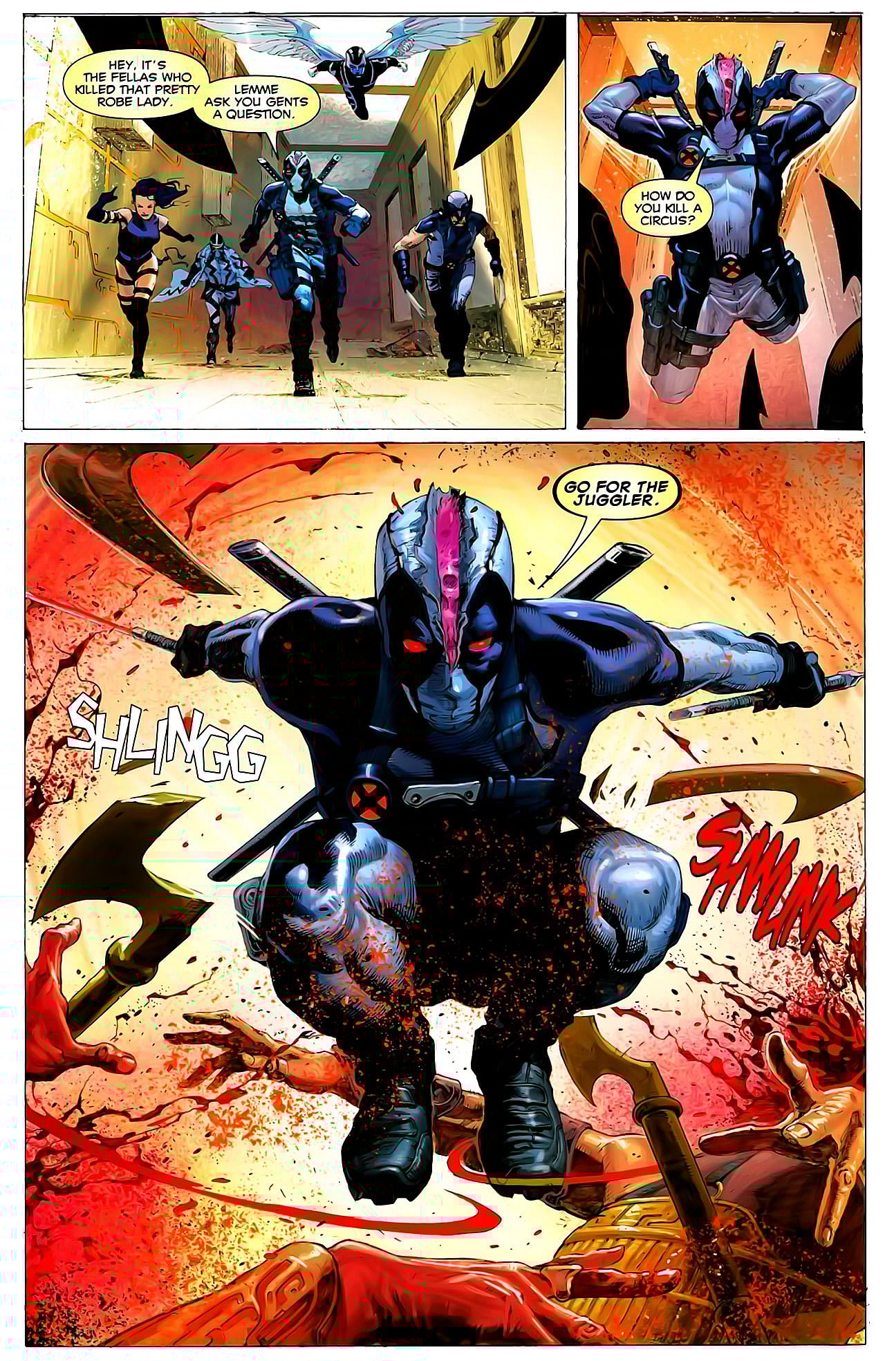 Deadpool brings the jokes in Uncanny X-Force Vol. 1 #1 "The Apocalypse Solution (Chapter One)" (2010), Marvel Comics. Words by Rick Remender, art by Jerome Opeña, Dean White, and Cory Petit.
