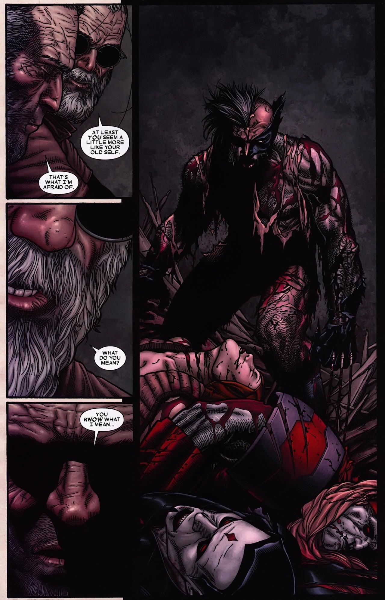 Logan is getting fed up with Hawkeye's pestering in Wolverine Vol. 3 #69 "Old Man Logan, Part 4" (2009). Marvel Comics. Words by Mark Millar, art by Steve McNiven, Dexter Vines, Mark Morales, Morry Hollowell, Justin Ponsor, and Cory Petit.