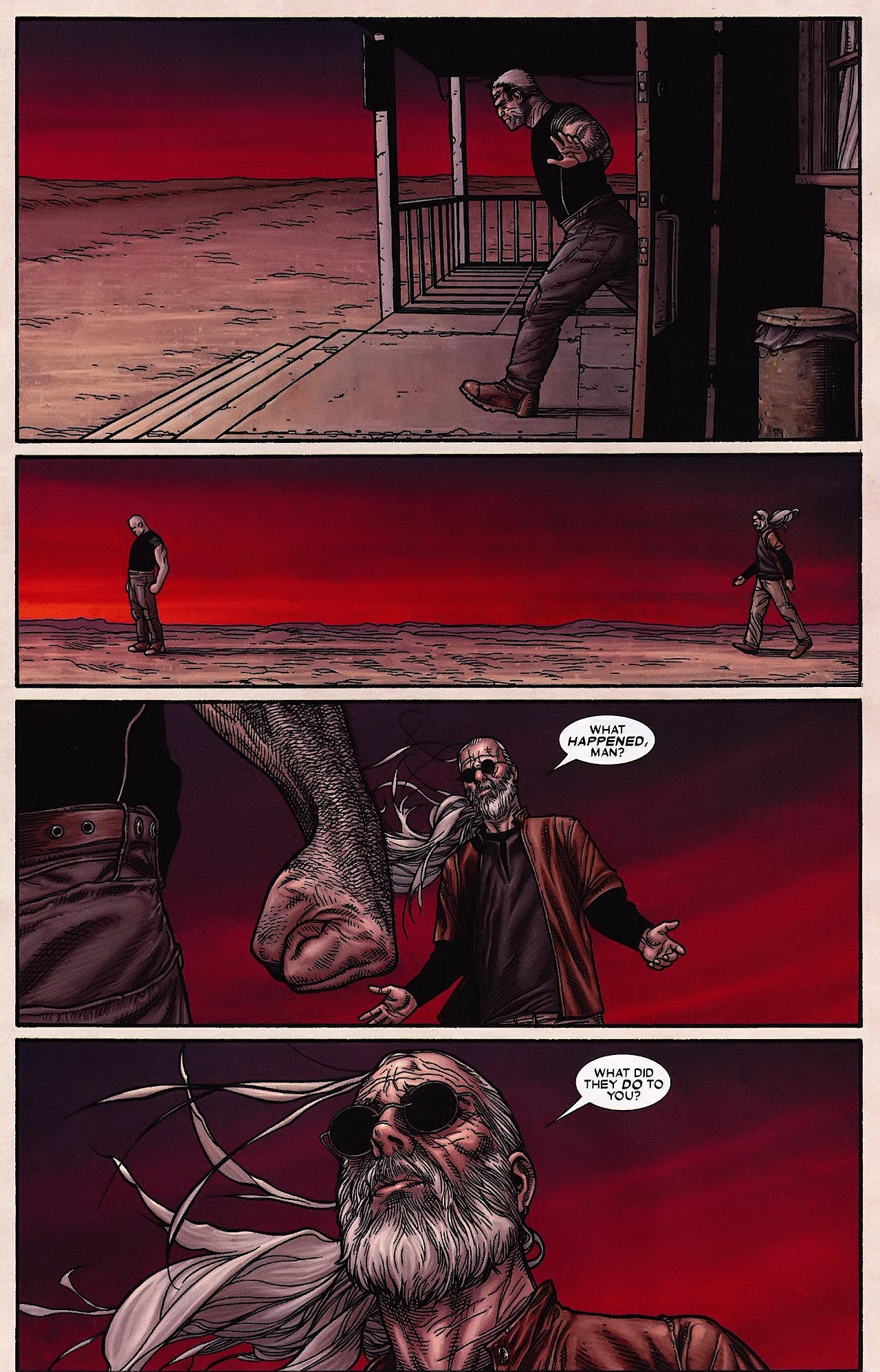Logan prepares to tell Hawkeye what he's been up to since the war in Wolverine Vol. 3 #69 "Old Man Logan, Part 4" (2009). Marvel Comics. Words by Mark Millar, art by Steve McNiven, Dexter Vines, Mark Morales, Morry Hollowell, Justin Ponsor, and Cory Petit.
