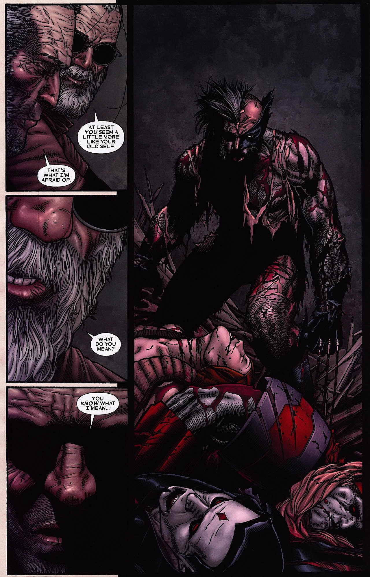 Logan is getting fed up with Hawkeye's pestering in Wolverine Vol. 3 #69 "Old Man Logan, Part 4" (2009). Marvel Comics. Words by Mark Millar, art by Steve McNiven, Dexter Vines, Mark Morales, Morry Hollowell, Justin Ponsor, and Cory Petit.
