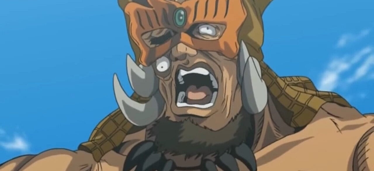 Geese (Seiji Sasaki) learns not to mess with Kenshiro (Takehito Koyasu) in New Fist of the North Star Episode 2 "The Forbidden Fist" (2003), A.C.G.T.