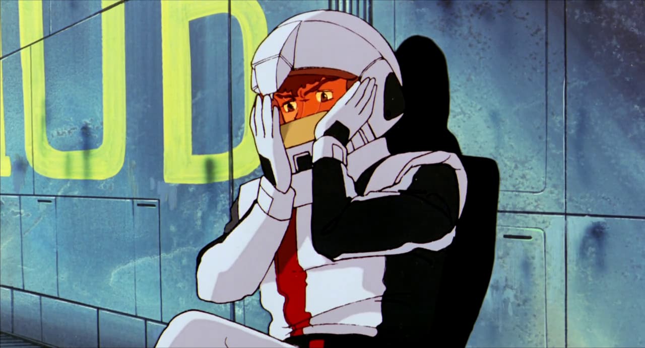 Amuro Ray (Toru Furuya) makes a quick repair to his helmet in Mobile Suit Gundam: Char's Counterattack (1988), Sunrise