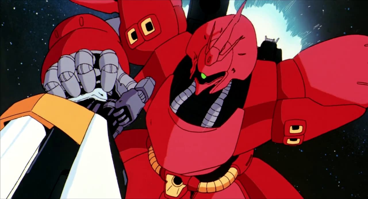 Char (Shuichi Ikeda) stops a punch from Amuro (Toru Furuya) in Mobile Suit Gundam: Char's Counterattack (1988), Sunrise