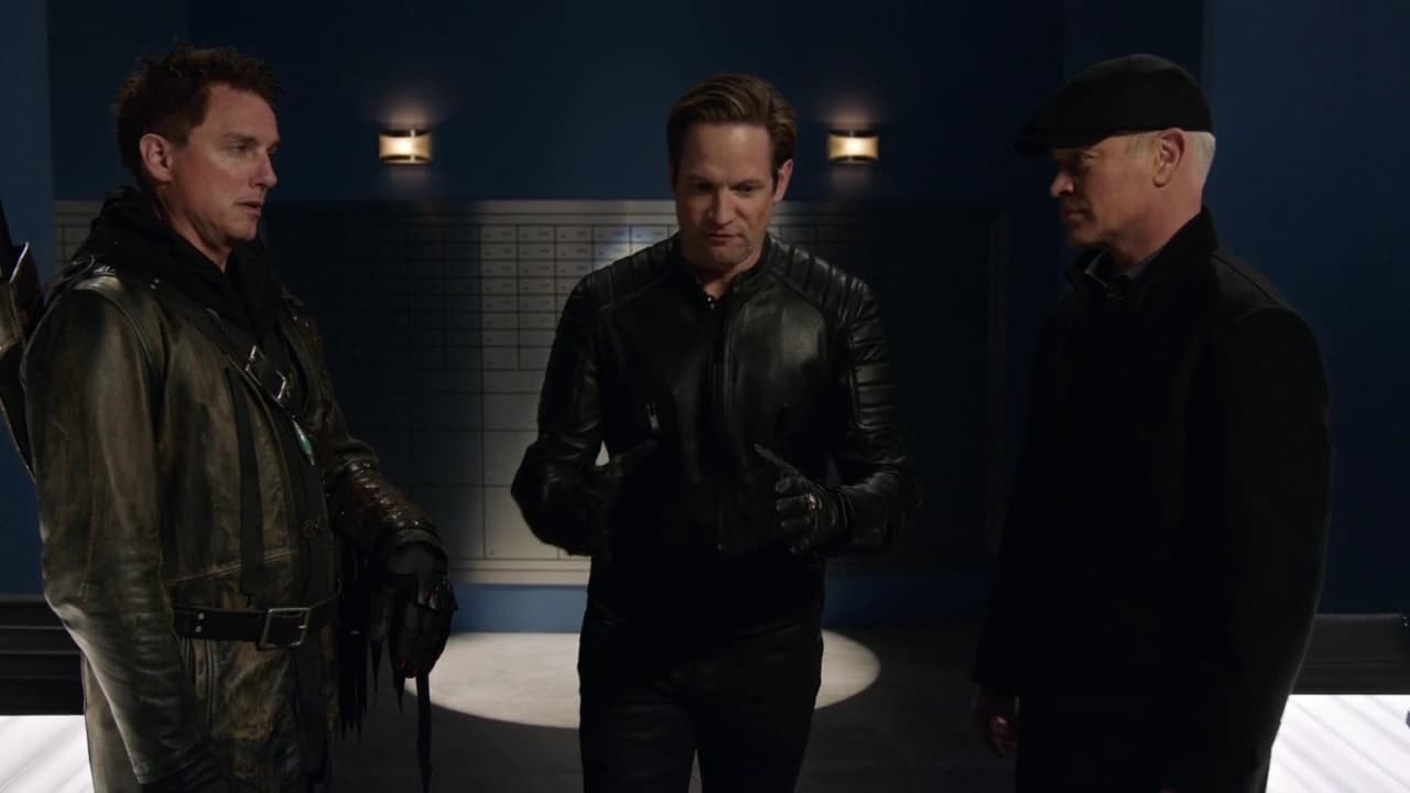 Malcolm Merlyn (John Barrowman), Reverse-Flash (Matt Letscher) and Damien Dahrk (Neal McDonough) have a plan to stop the Black Flash in DC's Legends of Tomorrow Season 2 Episode 10 "The Legion of Doom" (2017), The CW via YouTube