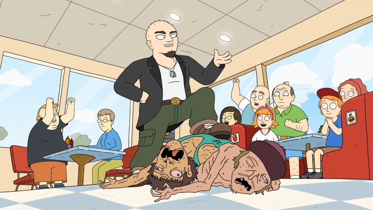 Chad Powers (Justin Roiland) saves his restaurant from a pair of criminals in Koala Man Season 1 Episode 3 (The Red Hot Rule) (2023), Hulu 