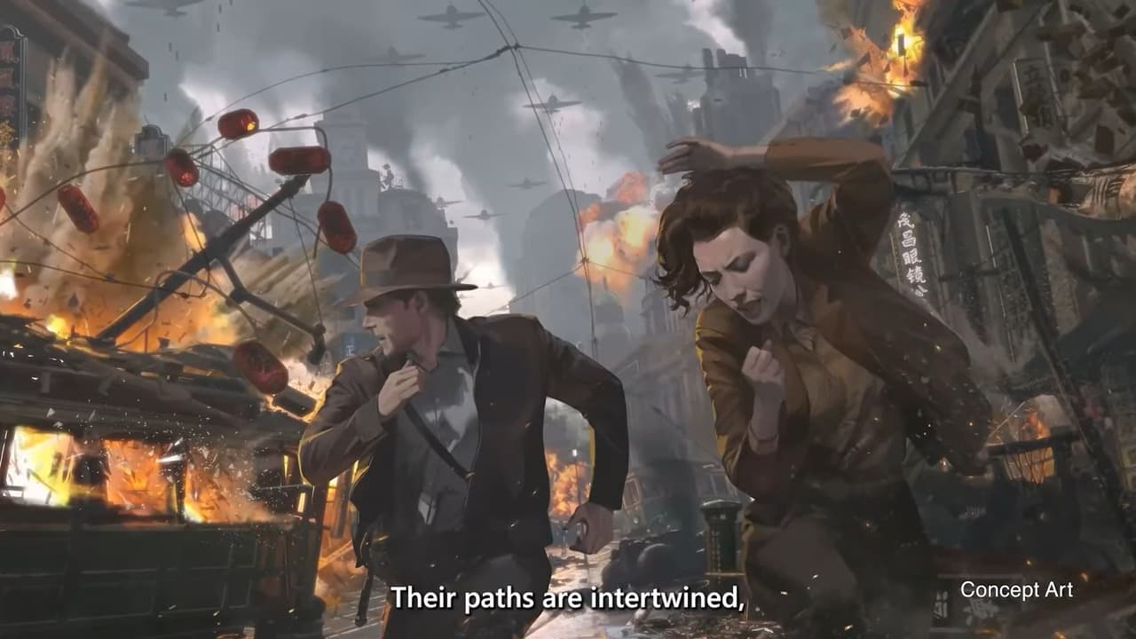 Indiana Jones (Troy Baker) and Gina Lombardi (Alessandra Mastronardi) flee from a bombing raid in Indiana Jones and the Great Circle (2024), MachineGames
