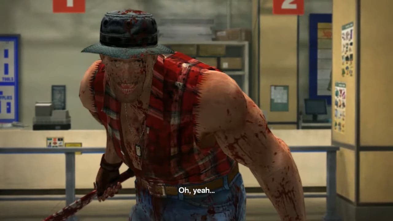 Cliff Hudson (Steve Blum) prepares to attack Frank West (T.J. Rotolo) in Dead Rising (2006), Capcom