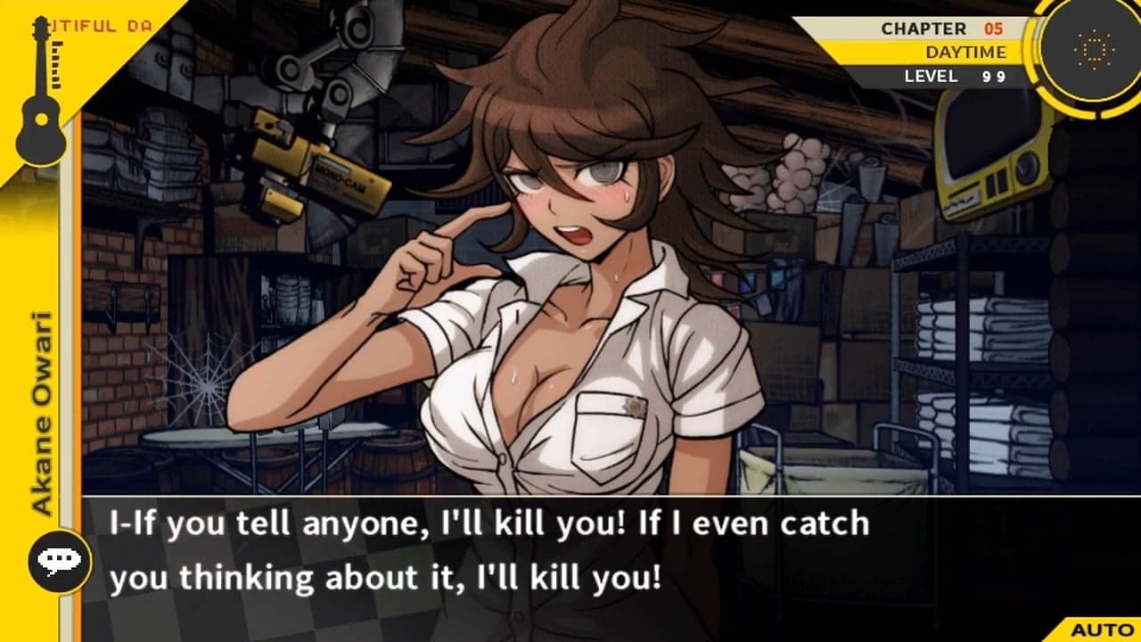 Akane (Romi Park) puts on a tsundere act for the player in Danganronpa 2: Goodbye Despair (2014), Spike Chunsoft

