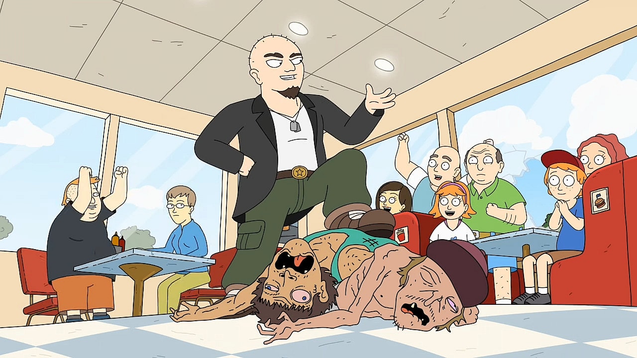 Chad Powers (Justin Roiland) saves his restaurant from a pair of criminals in Koala Man Season 1 Episode 3 (The Red Hot Rule) (2023), Hulu 