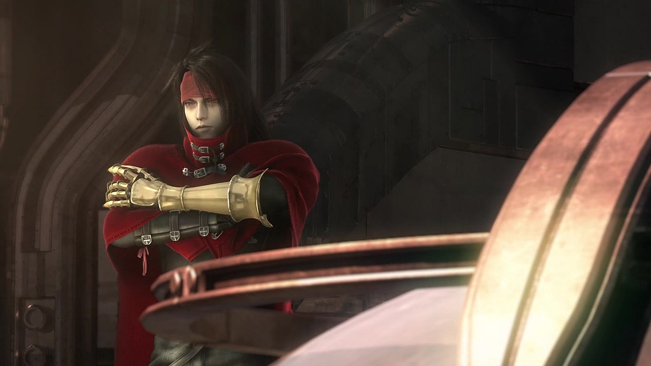 Vincent Valentine (Steve Blum) looks on as Cloud Strife (Steve Burton) heads off to confront Jenova's remnants in Final Fantasy VII: Advent Children (2005), Square Enix