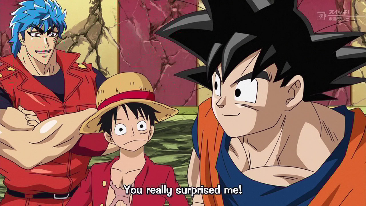 Goku (Masako Nozawa) compliments Luffy's (Mayumi Tanaka) fighting prowess in Dream 9 Toriko x One Piece x Dragon Ball Z Super Collaboration Special (2013), Toei Animation