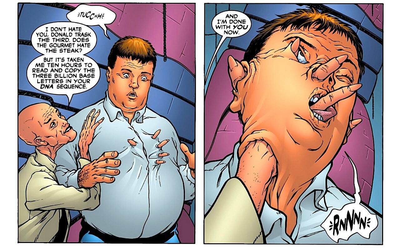 Cassandra Nova has no more use for Donald Trask in New X-Men Vol. 1 #115"E is for Extinction (Part 2)" (2002), Marvel Comics. Words by Grant Morrison, art by Frank Quitely, Tim Townsend, Mark Morales, and Brian Haberlin. 