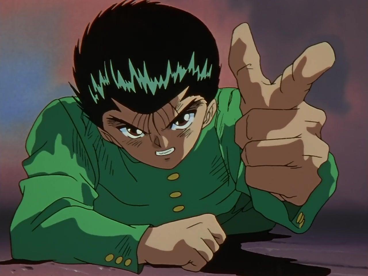 Yusuke Urameshi (Nozomu Sasaki) readies his Spirit Gun in 'Yu Yu Hakusho Episode 21 "Yusuke's Life or Death Counterattack" (1993), Studio Pierrot