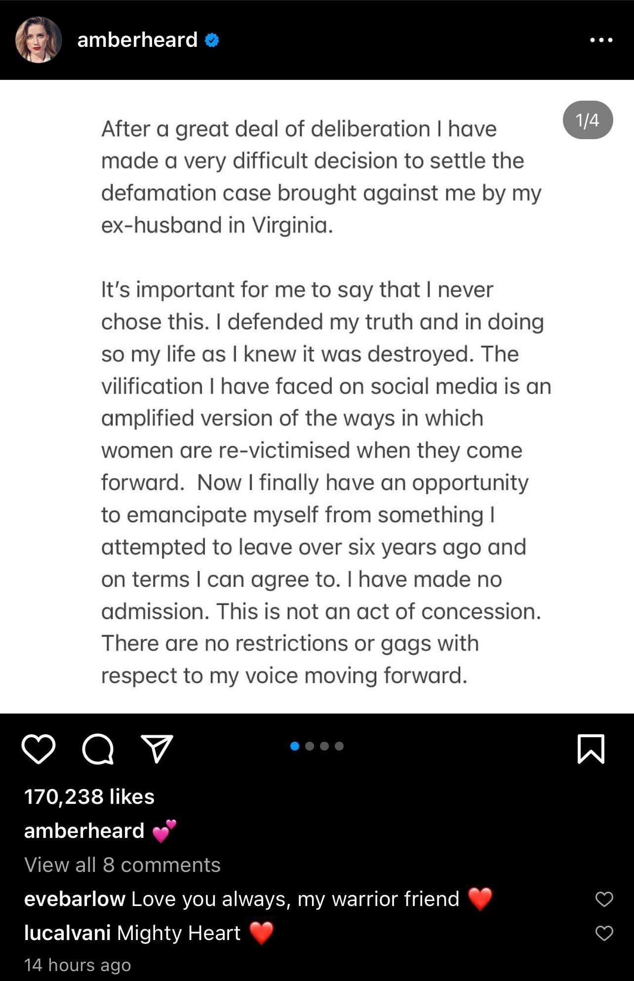 Amber Heard announces the withdrawal of her appeal via Instagram