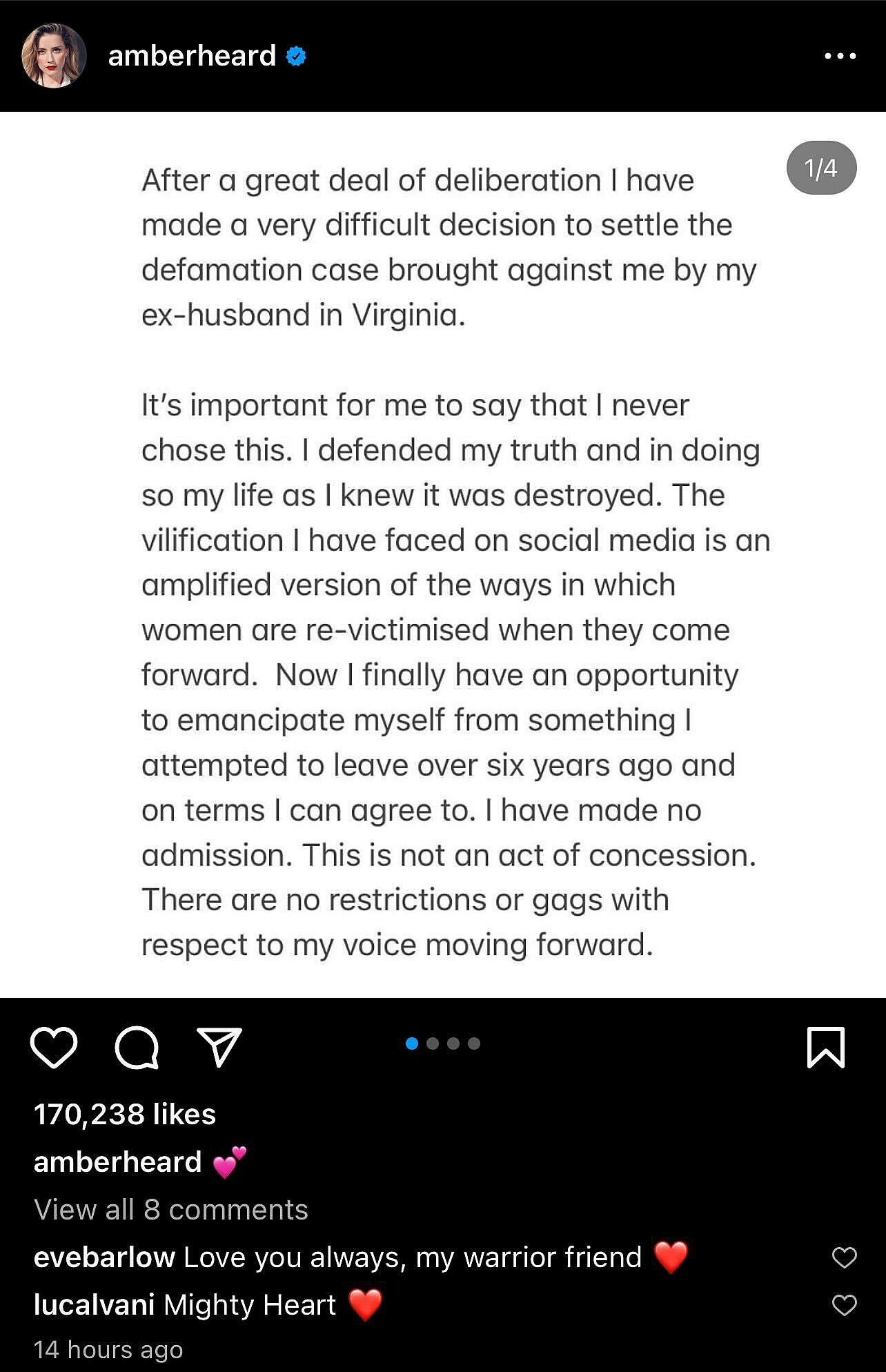 Amber Heard announces the withdrawal of her appeal via Instagram