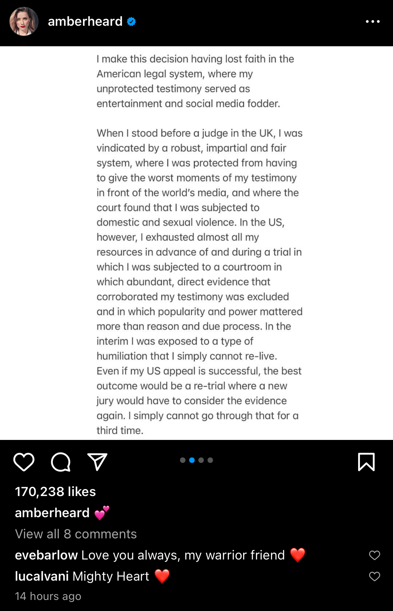 Amber Heard announces the withdrawal of her appeal via Instagram
