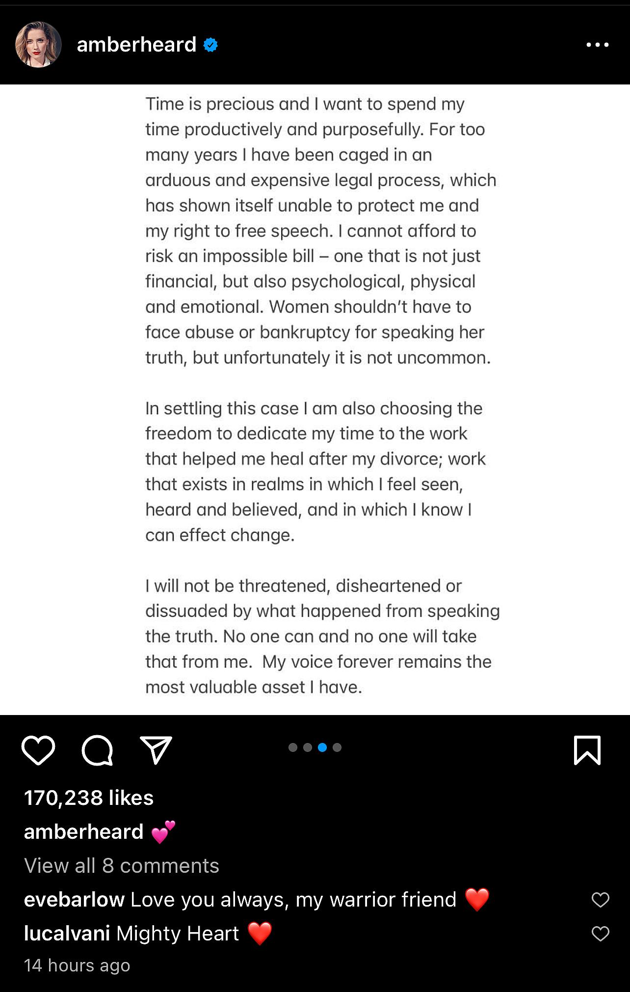 Amber Heard announces the withdrawal of her appeal via Instagram