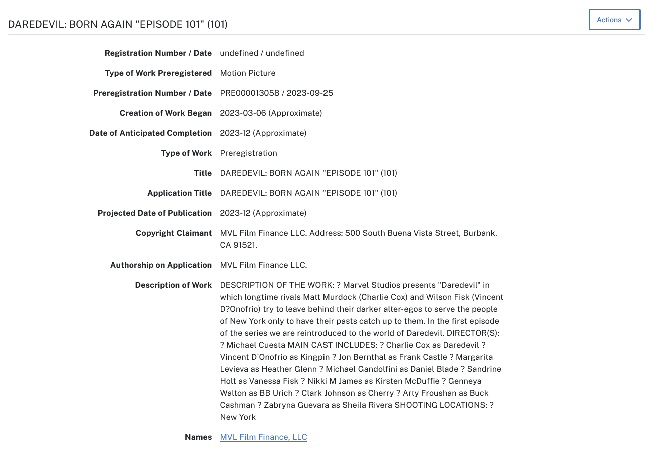 United States Copyright Office filing for Daredevil: Born Again Season 1 Episode 1 (TBD), Marvel Entertainment