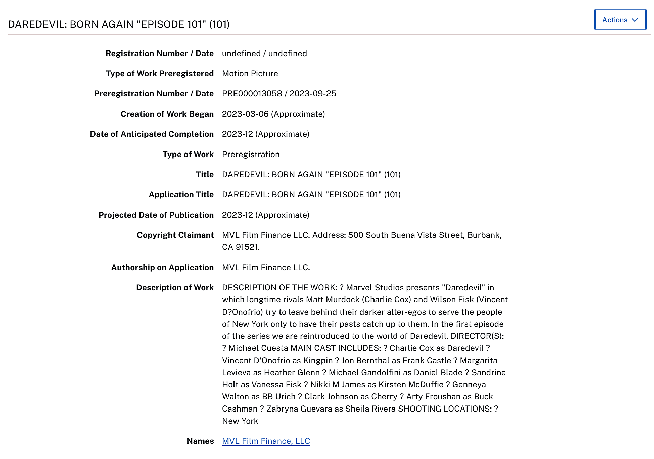 United States Copyright Office filing for Daredevil: Born Again Season 1 Episode 1 (TBD), Marvel Entertainment
