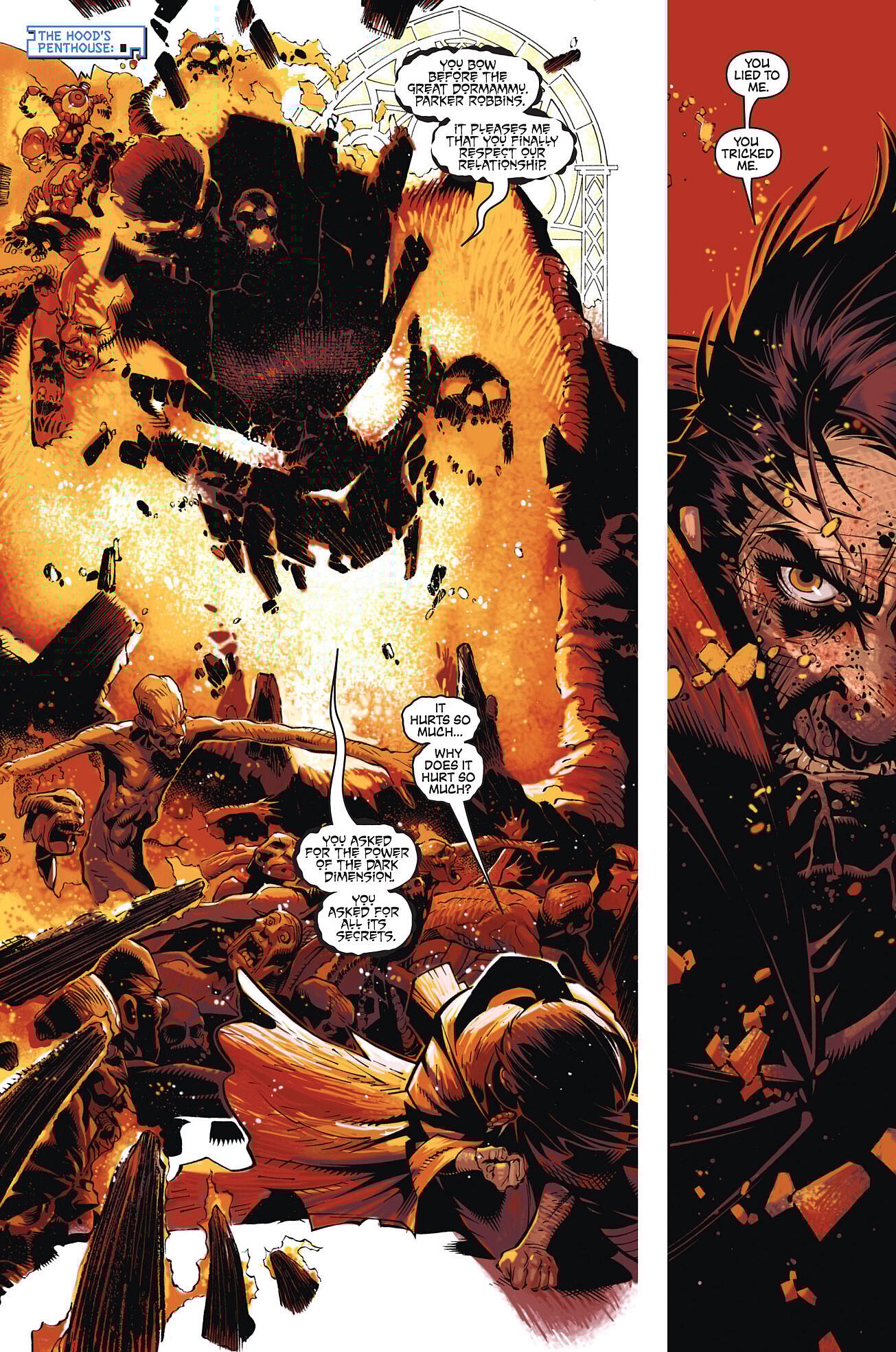 The Hood begins to reconsider his deal with Dormammu in New AvengersVol. 1 #51 "Dark Reign (Part 4)" (2009), Marvel Comics. Words by Brian Michael Bendis, art by Chris Bachalo, Matt Banning, Justin Ponsor, Richard Starkings, and Albert Deschesne.