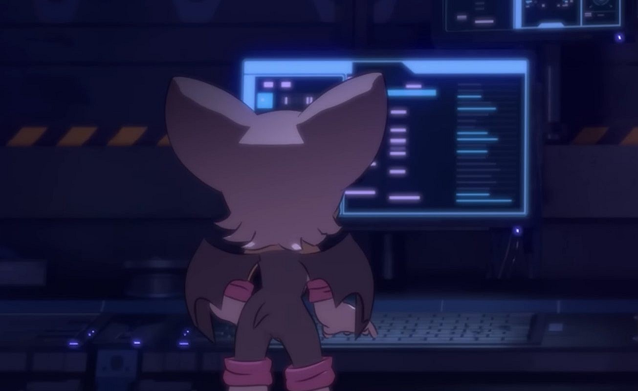 Rouge the Bat (Rumi Ochiai) receives a transmission from Shadow (Kōji Yusa) in Sonic X Shadow Generations (2024), Sega