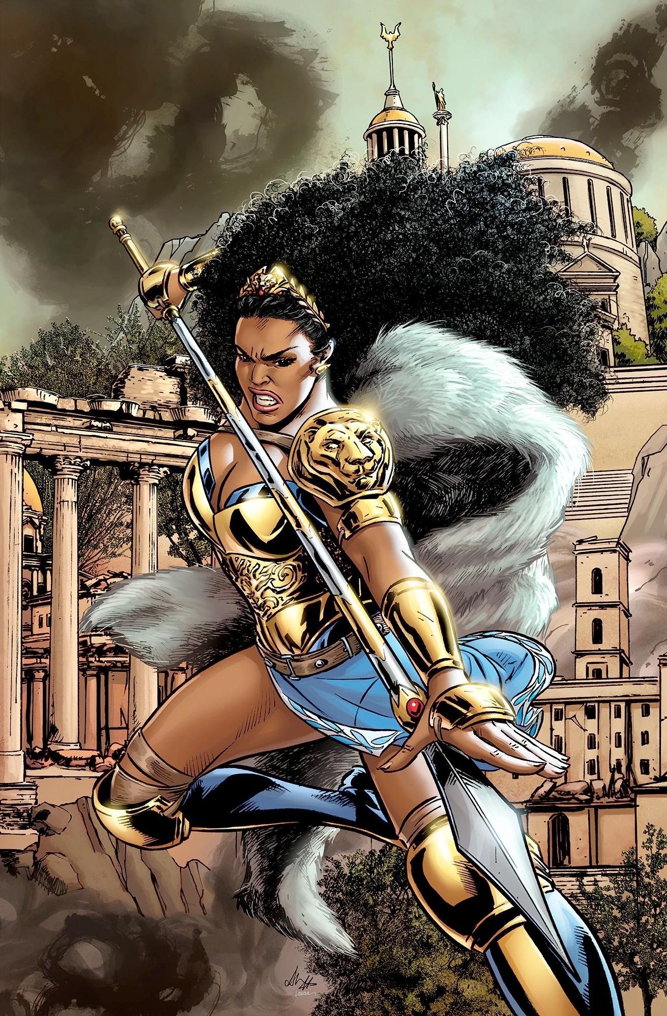 Nubia stands tall in defense of Themyscira on     Alitha Martinez and Laura Martin's cover to Nubia and the Amazons Vol. 1 #1 "Paradise Lost" (2021), DC