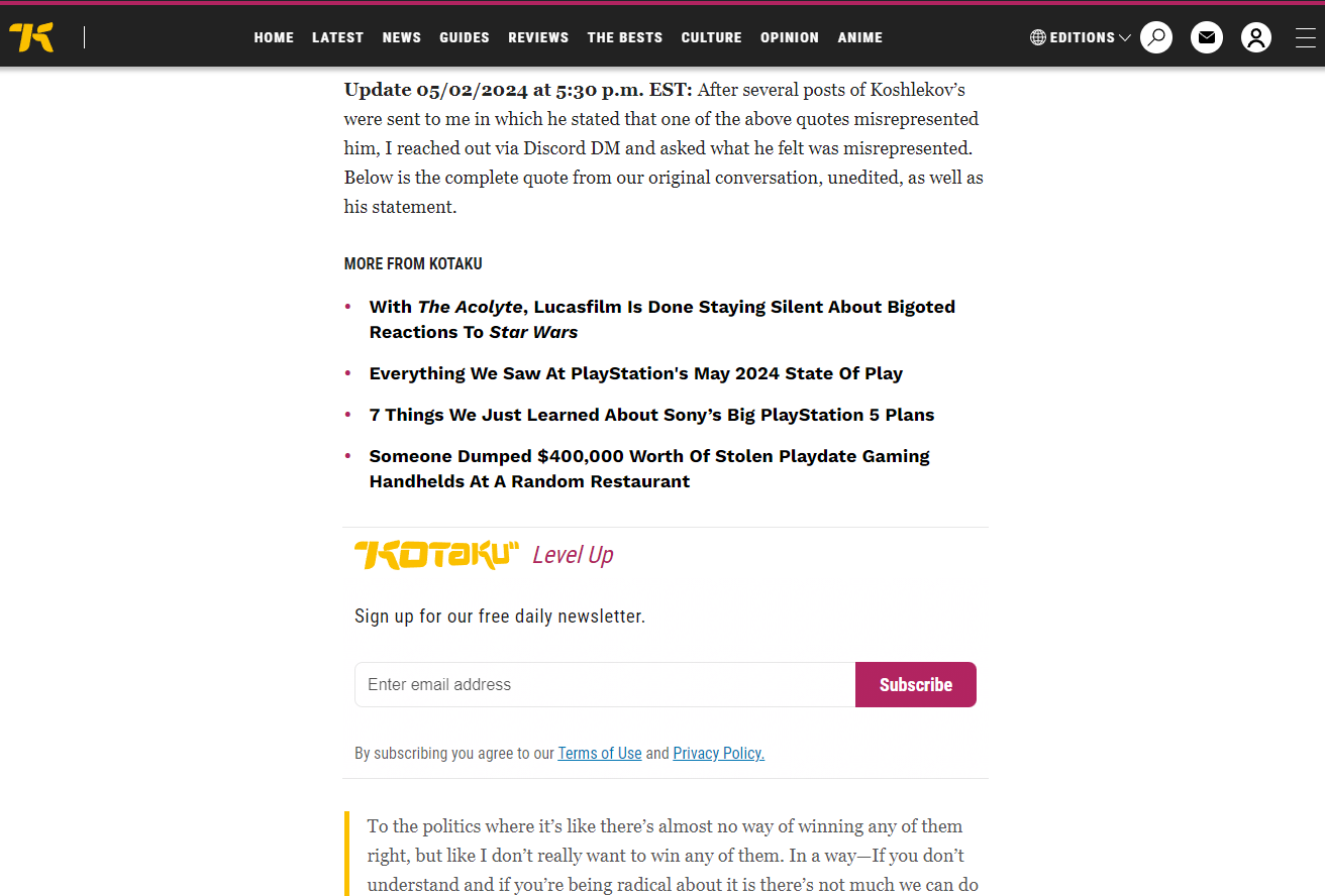 Alyssa Mercante begrudgingly updates her interview with Alex Koshlekov on Kotaku