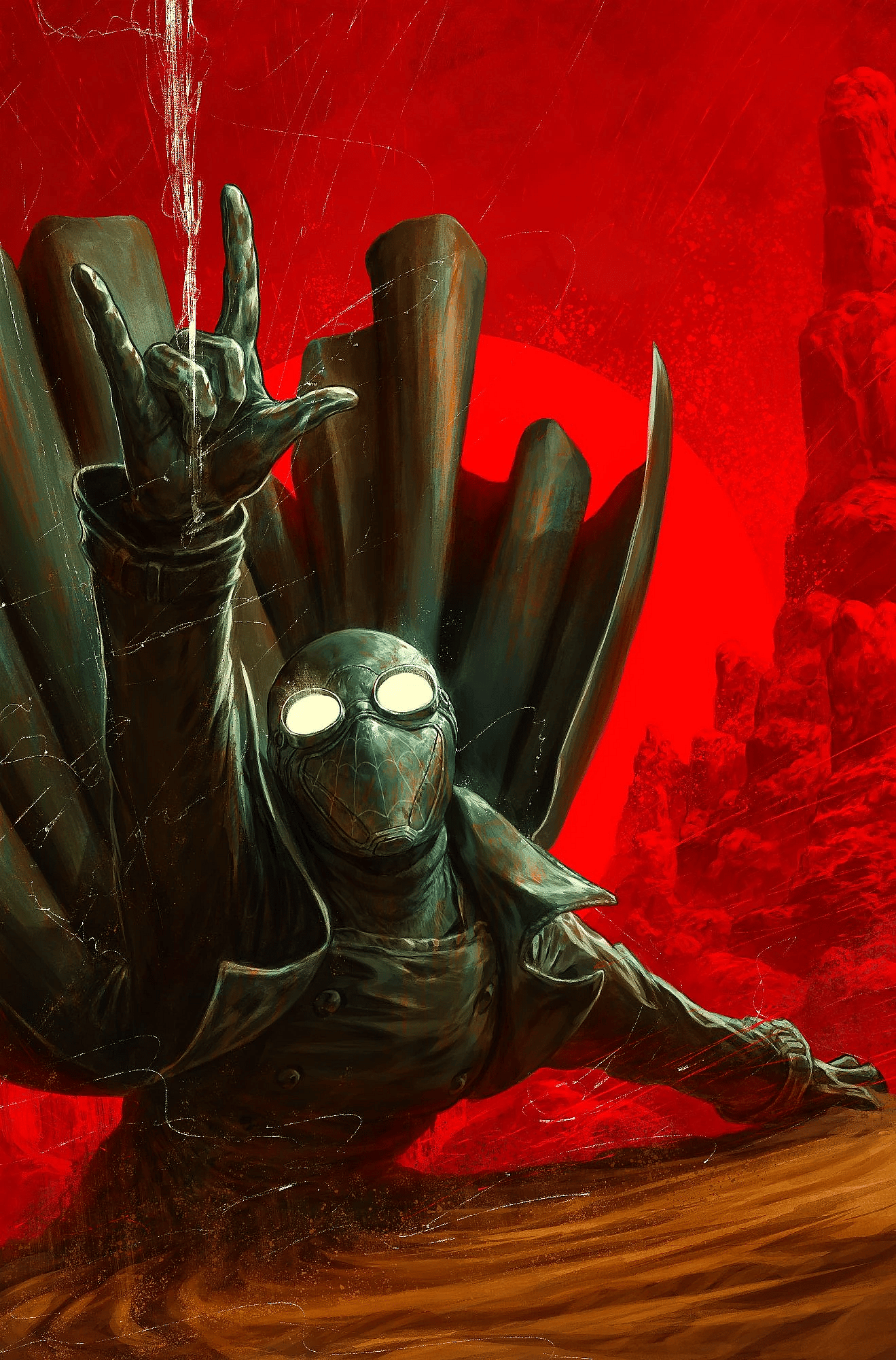 Peter Parker lets loose his webs on Dave Rapoza's cover to Spider-Man Noir Vol. 2 #4 (2020), Marvel Comics