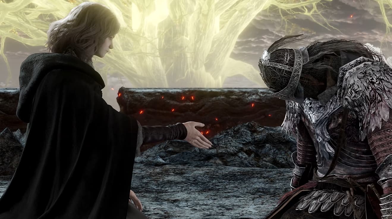 The player bows before Melina, slumped over via Elden Ring (2022), Bandai Namco Entertainment