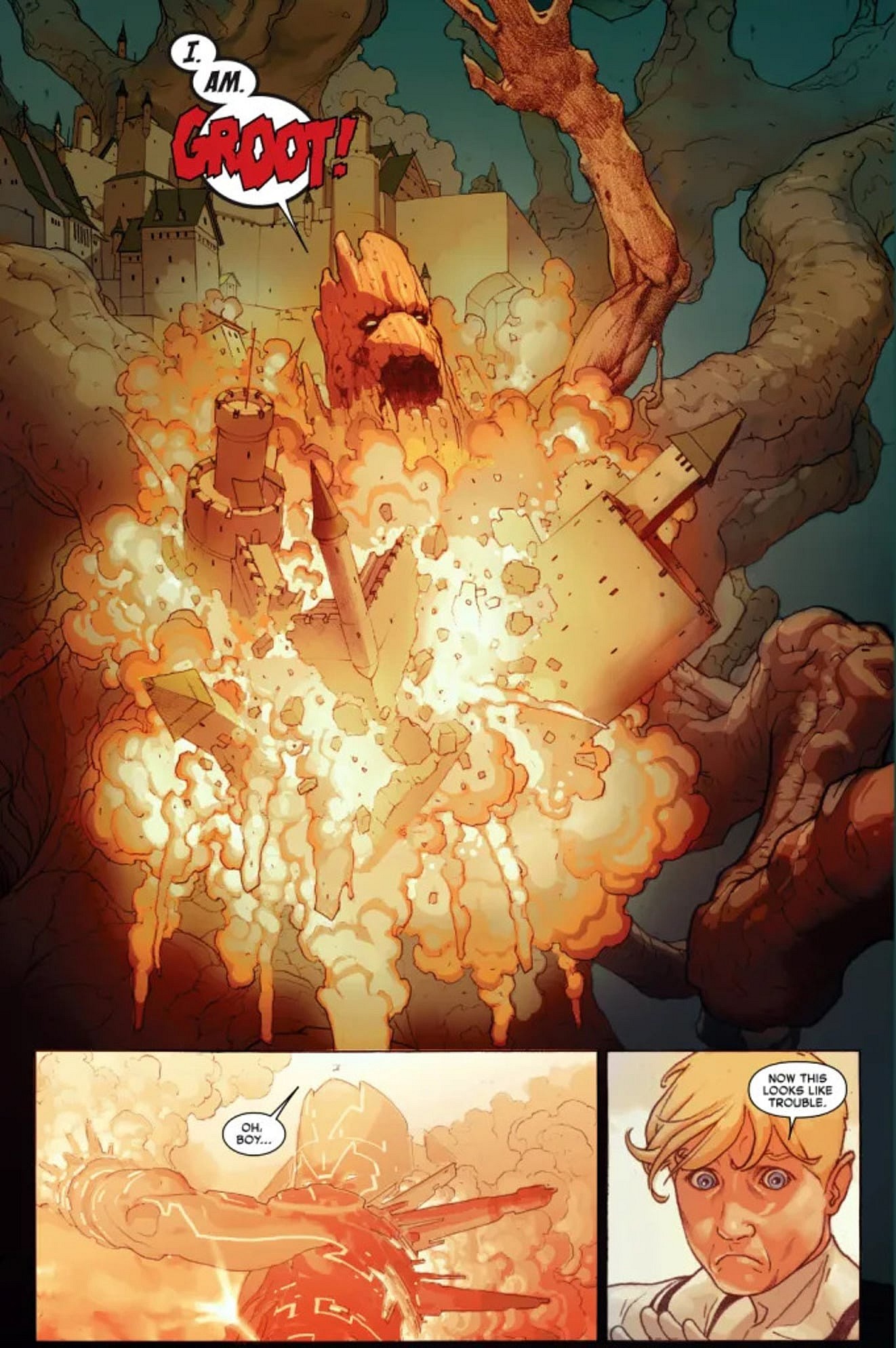 Groot emerges from the World Tree destroying Castle Doom in Secret Wars Vol.1 Issue #8 "Under Siege" (2015), Marvel Comics. Words by Jonathan Hickman, art by Esad Ribić.