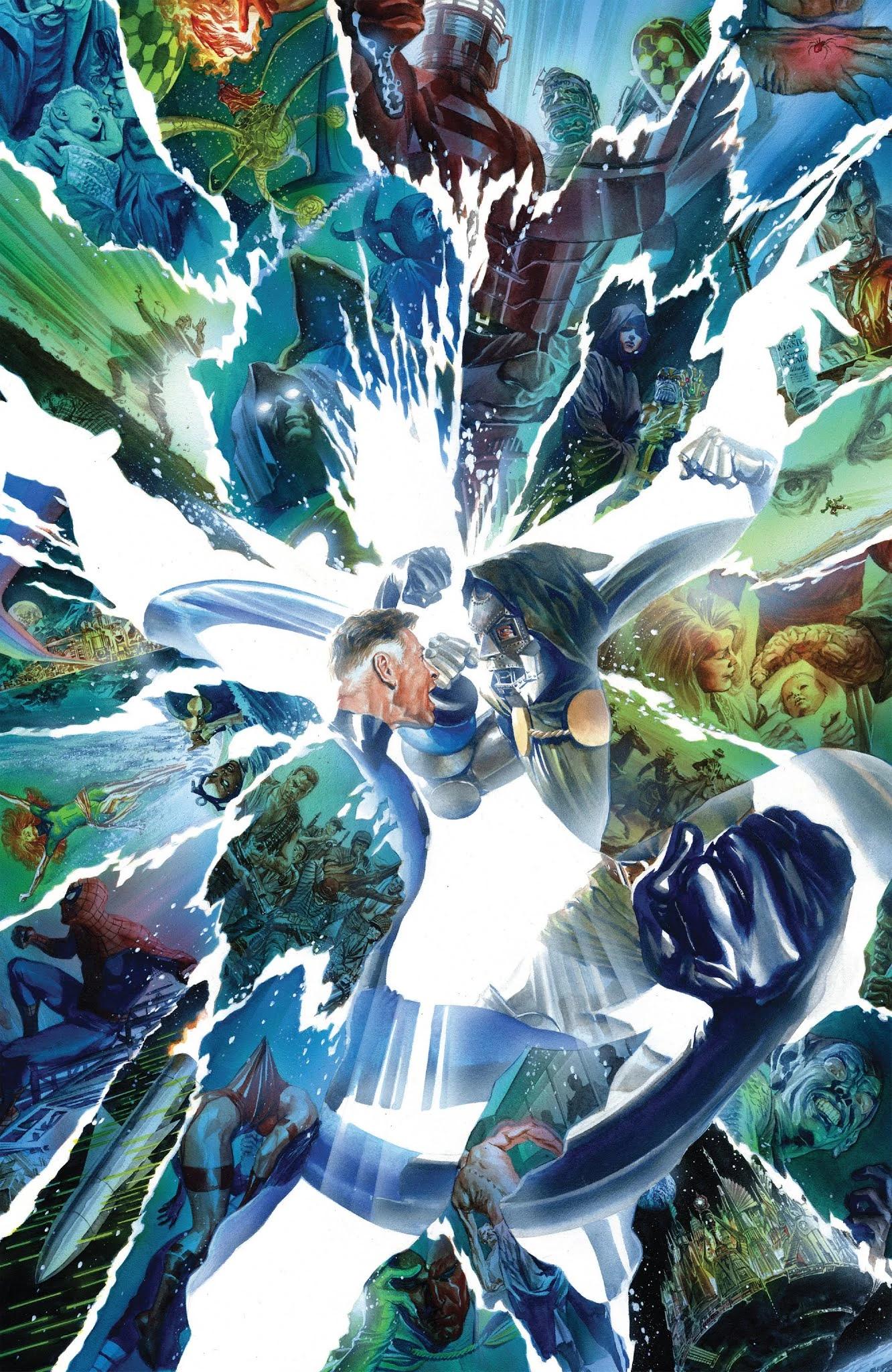 Reed Richards and Doctor Doom fight for the soul of the multiverse on Alex Ross' cover to Secret Wars Vol. 1 #9 "Beyond" (2016), Marvel Comics